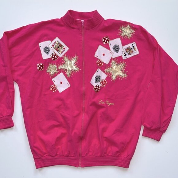 VINTAGE COTTON LAS VEGAS BOMBER JACKET WITH PLAYING CARDS FABULOUS APPLIQUÉS - Picture 7 of 10